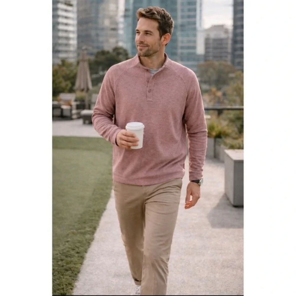 JOHNNIE-O MEN'S WHALING LIGHT HENLEY PULLOVER SWEATER Malibu Red Large Work Golf
